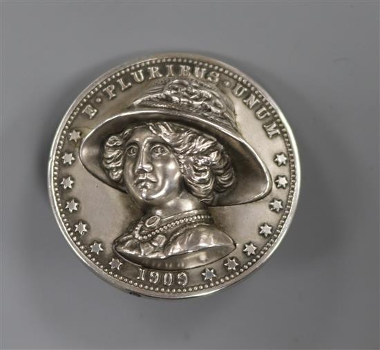 SUFFRAGETTE INTEREST: An Edwardian silver circular hat pin head, with bust of Emmeline Pankhurst in relief,